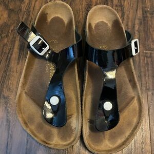 Black Patent Leather Birkenstock Sandals with Buckle